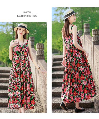 New Fashion Casual 2025 Summer Elegant Dresses For Women O-Neck Print Vintage Sleeveless Dress Loose Women Clothing