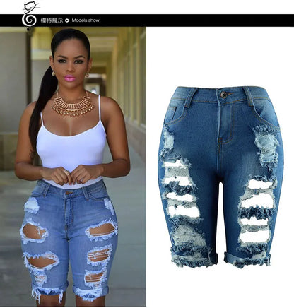 Summer New Fashion Women's American Washed Blue Solid Color High Waist Hole Patched Denim Shorts Skinny Jeans Shorts Female Blue