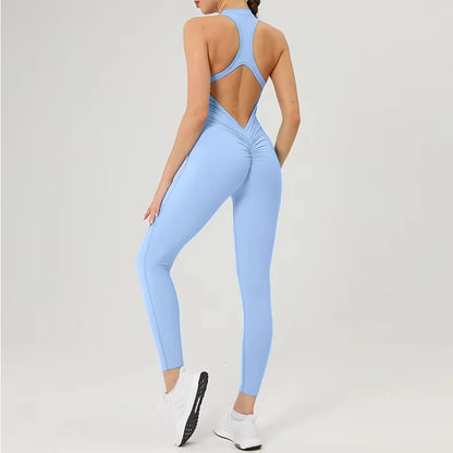 Scrunch Gym Jumpsuit Women's Fitness Suit Short Sets Sports Overalls for Woman Tracksuit Yoga Clothing Zipper Workout Sportswear HazeBlue Pant Set