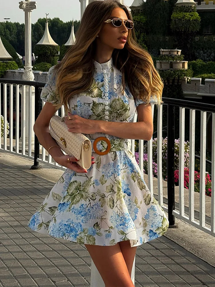 Women Floral A-line Mini Dress Short Sleeve Button-front Stand Collar Belted 2025 Summer Elegant Vestido Ladies Chic Party Dress