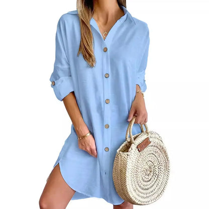 Elegant Women's White Spring And Autumn Casual Long Sleeved Lapel Button Up Shirt Dress 2024 Fashionable Woman Loose Mini Dress Badiee Stylez