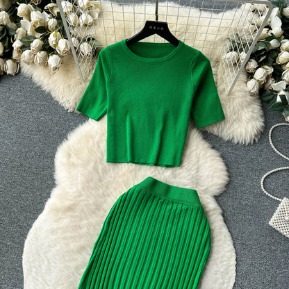 SINGREINY Casual Two Piece Sets Women Summer O Neck Top Elastic Waist Long Skirt Fashion Office Lady Korean Knit Suit