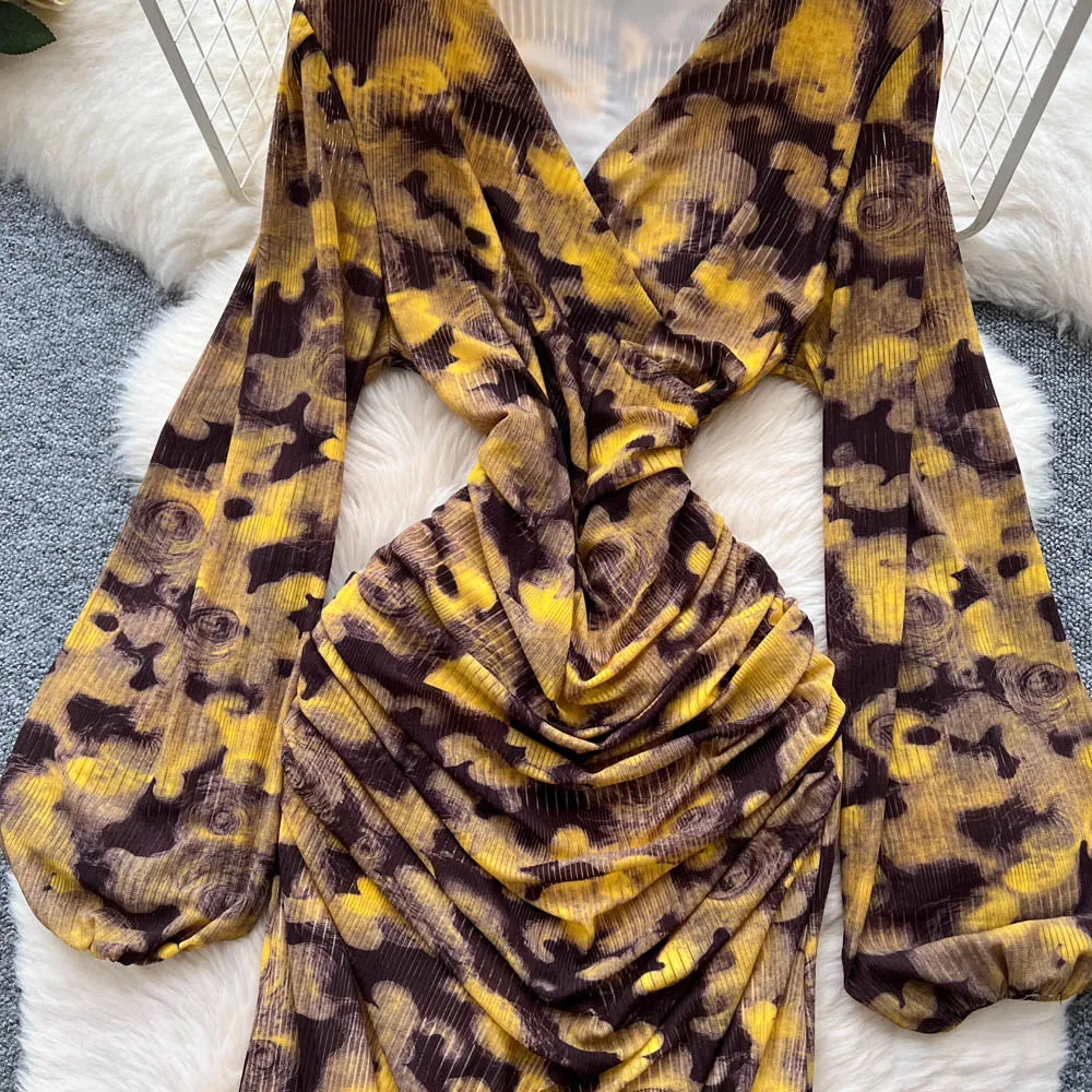 Chic vintage long sleeve Criss-Cross print pleated Elegant Fairy korean fashion dress women clothing Long dress