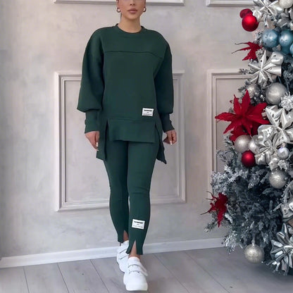 Women Two Piece Set Irregular Sweatshirt Long Sleeved Pullover Top Trouser Pants Set Autumn Winter Lady Solid Loose Outfits M L green