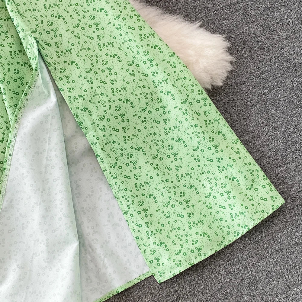 Summer Vintage Dress Blue Floral Summer Bubble Sleeve Tie Up Sexy Dresses Women A-line Print Split Long Dress Elegant Vestidos