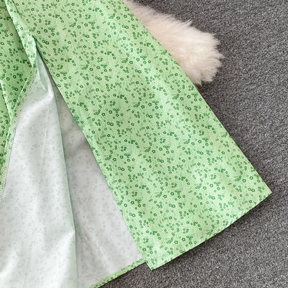 Summer Vintage Dress Blue Floral Summer Bubble Sleeve Tie Up Sexy Dresses Women A-line Print Split Long Dress Elegant Vestidos