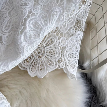 Summer Elegant Crochet Lace Patchwork Chiffon Pleated Dress Women's Short Sleeve Hollow Out Flower Buttons Belt Runway Vestidos