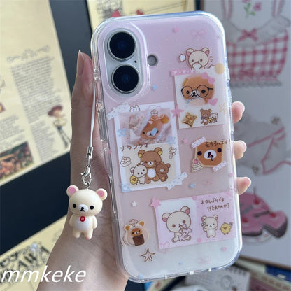 Lovely Rilakkuma Family Portrait Cartoon Pink Phone Case For iPhone 16 15 14 13 12 11 Pro Max PLUS Y2K Kawaii Shockproof Cover Badiee Stylez