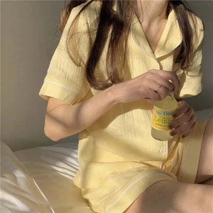 Summer Soft Cotton Linen Nightgown Women's ort Sve Home Clothes Two-Piece Set Cute Youth Polyester Fiber Thin Fabric 3148Yellow