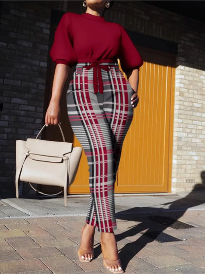 New Spring Autumn Trendy Street Trendy Seven Sleeve Fashion Printed Lace Up Waist Casual Pants Set For Women's Clothing