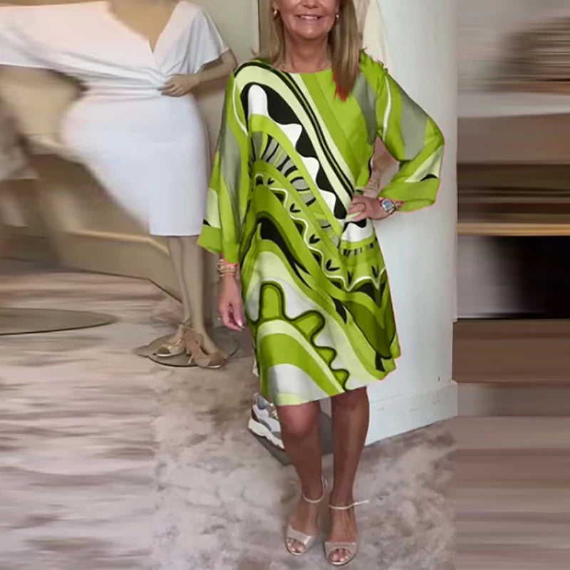 Ladies Elegant Crew-neck Pullover Office Dress Autumn All Match Pattern Print Female Dress 2024 Chic Long Sleeve Commuter Dress