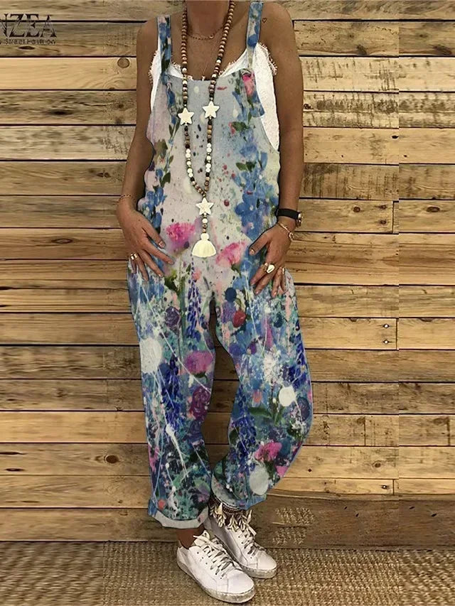 Women Overalls Summer Jumpsuits Thin Vintage Sweet Print Suspenders Loose Female Casual Large Size New Straight-leg Pants 1
