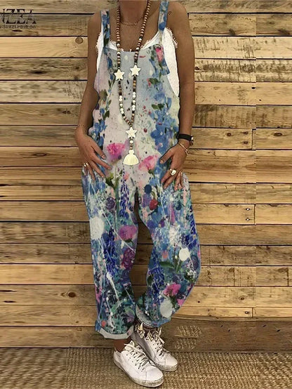 Women Overalls Summer Jumpsuits Thin Vintage Sweet Print Suspenders Loose Female Casual Large Size New Straight-leg Pants 1