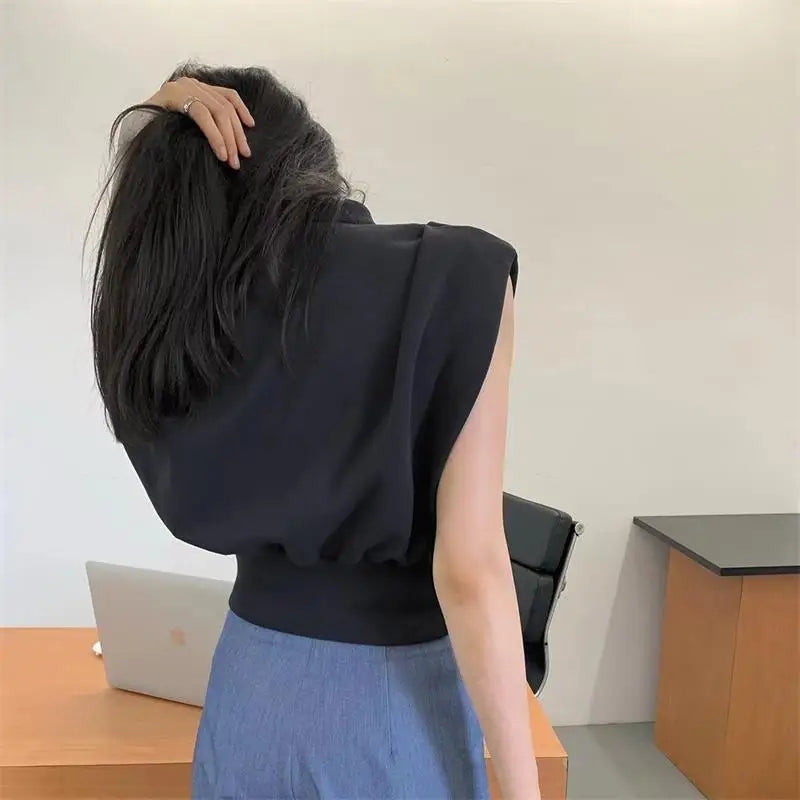 Black V-neck Short Shirt Summer Crop Top Women's Fashion Sleeveless Shirts Elegant Office Lady Clothes Top Casual Blouse