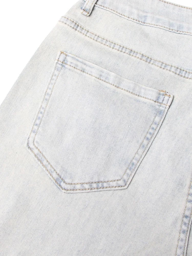 VGH Crisscross Hit Color Streetwear Denim Trousers For Women High Waist Patchwork Pockets Hollow Out Split Pants Female 2024