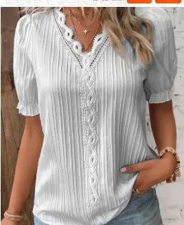 Sexy V Neck Patchwork Blouse Shirts Summer Female Short Lantern Sleeve Holiday Loose Blouse Tops SZE-ST23053