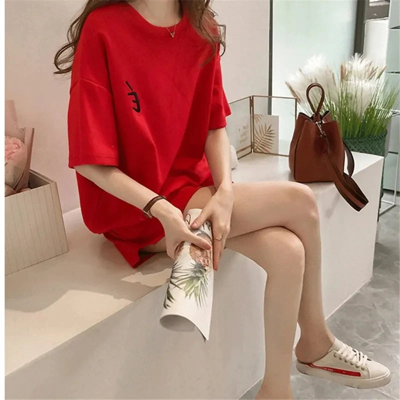 Red Two piece Cotton Women's Sportswear Set 2025 Summer New Round neck Short sleeved Top+Shorts Women Loose Casual Clothing