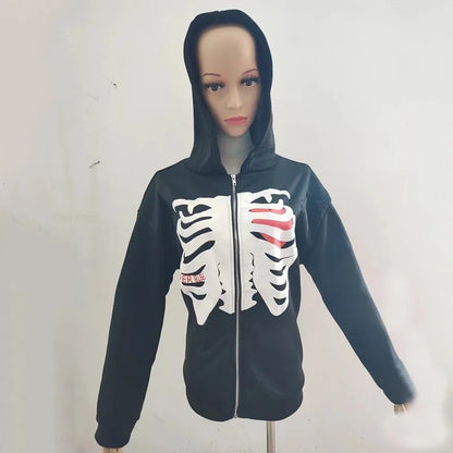 Y2K Gothic Butterfly Print Zip Up Women Hoodies 2025 Winter Grunge Skeleton Sweatshirt Casual Hooded Jacket Streetwear Hoodie