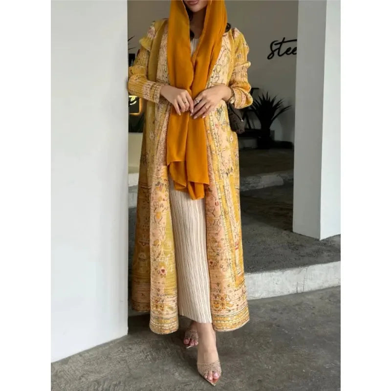 Abaya Ethnic Style Printed Pleated Coat Cape Shawl 2024 Spring/summer Big Collar Lace Up Cardigan Top Long Windbreaker Robe