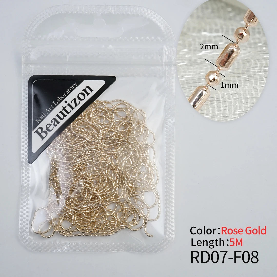 Nail Chain Rhinestone Beads Charms Gold Silver 3D Rhinestone Art Decoration Jewelry Parts Metal Steel Press on Nails Accessories RD07-F08(5m)rosegold