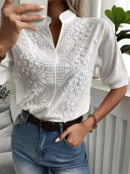 Summer Women's White Top Blouse New Fashion Elegnat V Neck Short Sleeve Casual Office Party Tops Shirts Female Lace Shirt