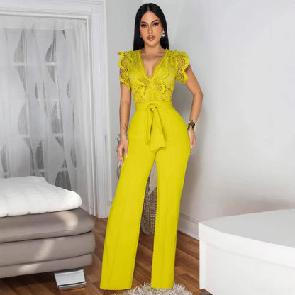 Women Lace See Though Patchwork Short Sleeve V-neck Jumpsuits Summer Vacation One Piece Set Streetwear Fitness Jumpsuit Badiee Stylez