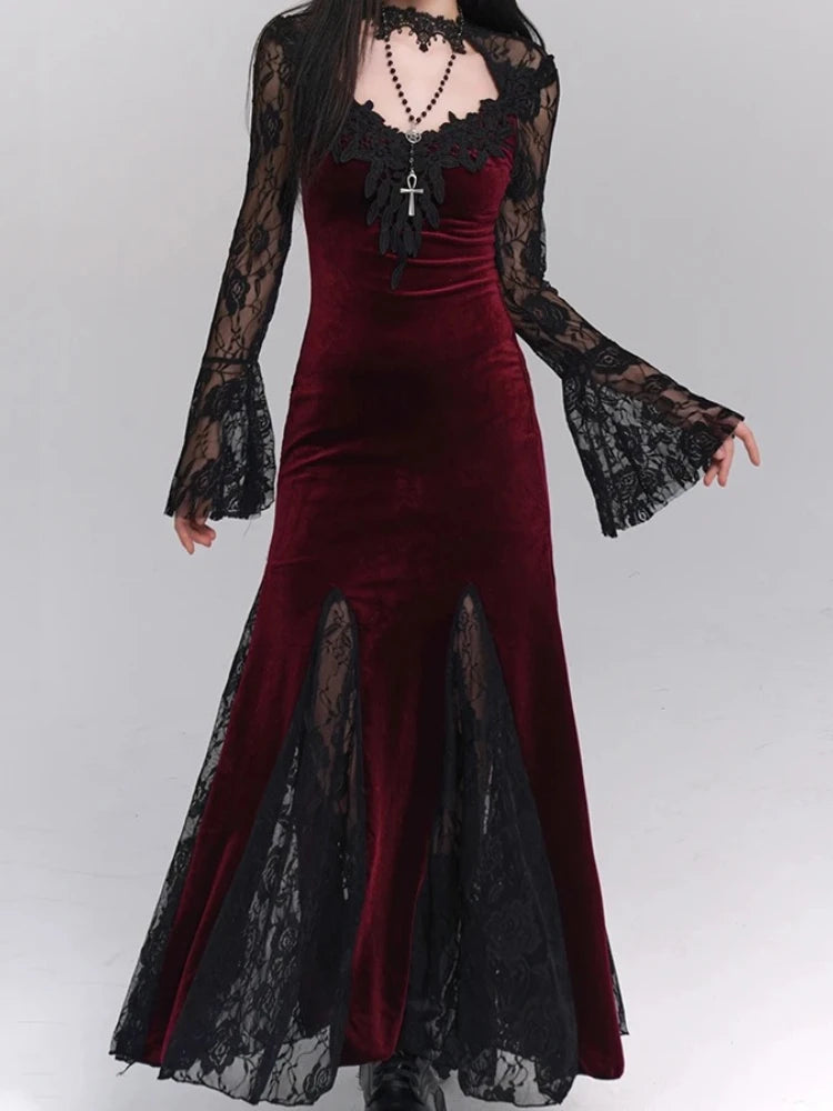 Summer Gothic Grunge Y2k Lace Dress Women Dark Academia Sexy Slim Party Dresses Korean Fashion Design Festival Long Prom Dress D6