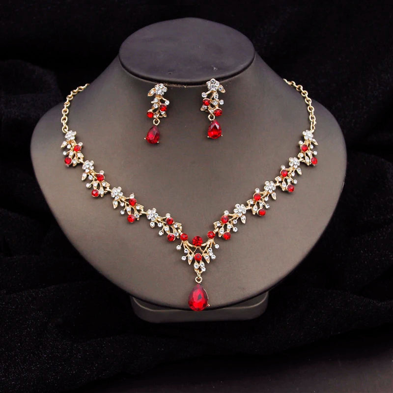 Gorgeous Crystal Fashion Jewelry Sets for Women Luxury Choker Necklace Earrings Prom Wedding Dress Bridal Necklace Sets Red