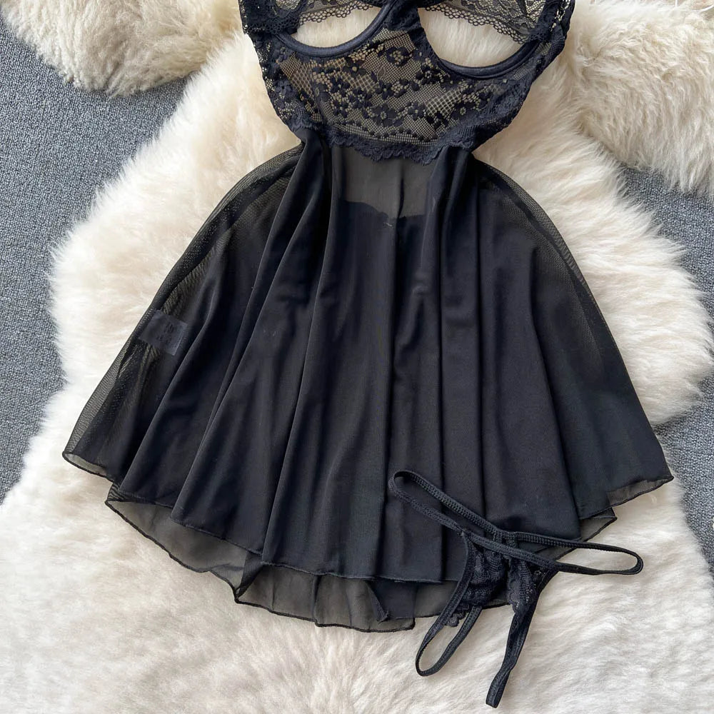 SINGREINY Transparent Lace Sexy Nightwear Sleeveless Slim Backless Short Dress Women Strap Floral Mesh Sheer Erotic Nightdress