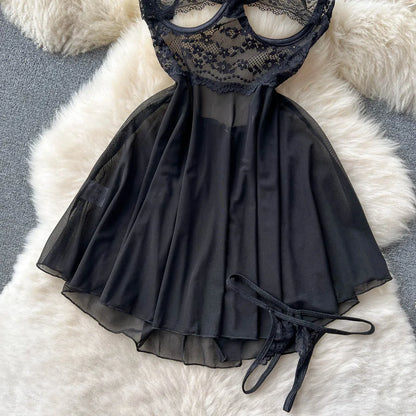 SINGREINY Transparent Lace Sexy Nightwear Sleeveless Slim Backless Short Dress Women Strap Floral Mesh Sheer Erotic Nightdress