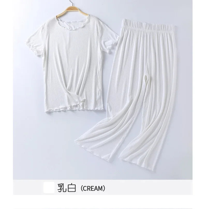 Japanese summer new ladies cotton modal short-sleeved nine-point pants suit home service suit women's large size home pajamas white
