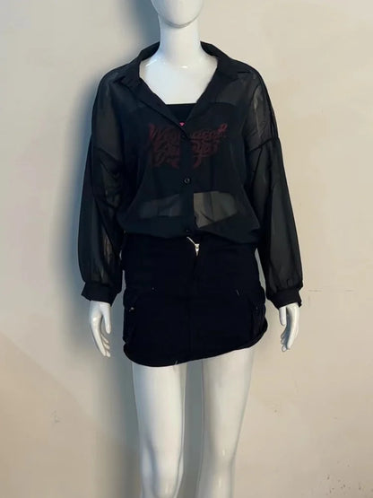 Shirt for Women Blouse Long Sleeve Top Chiffon Summer Simple Sun-proof Fashion All-match Basic Korean Sexy Solid Casual Shirt Black One Size