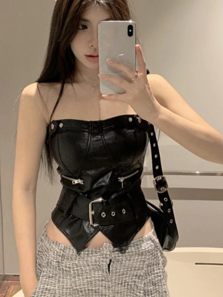 Crop Tops Sexy PU Y2k Tanks Women Clothing Fashion Summer Camis 2025 Ropa Mujer Slim Waist Irregular Backless Harajuku Vest Black
