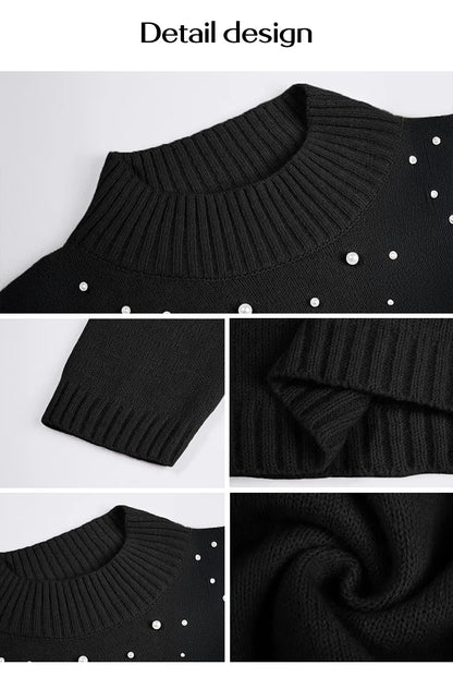 2025 Autumn Women Sweater Dresses Pearls Round Neck Long Sleeve Hip Wrap Dress Winter Elegant Ladies Casual Solid Slim Fit Dress