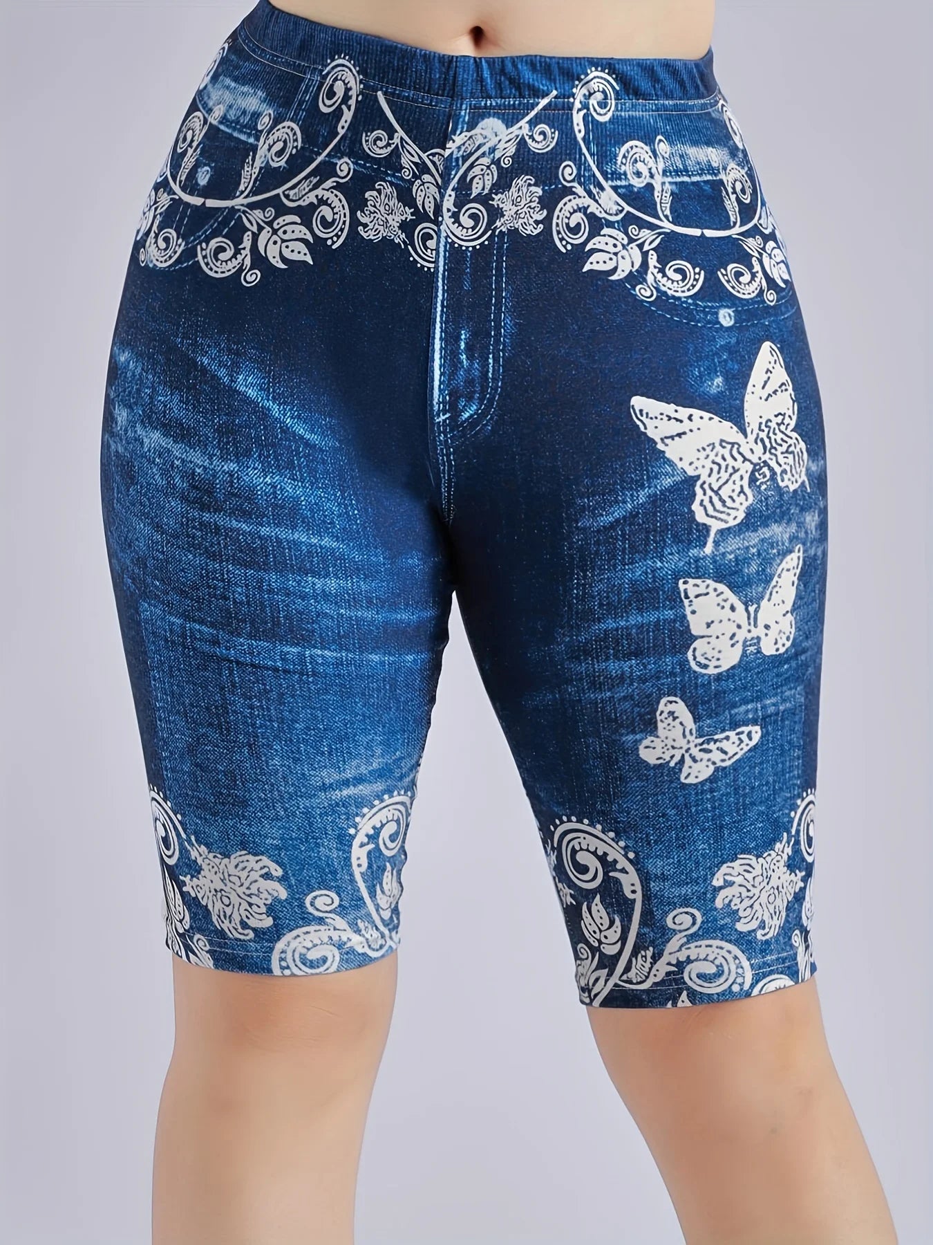 3 Piece Set Of Lmitation Denim Leggings For Women Butterfly Waist Fruit Flower Elastic Shorts High Waist Casual