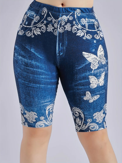 3 Piece Set Of Lmitation Denim Leggings For Women Butterfly Waist Fruit Flower Elastic Shorts High Waist Casual