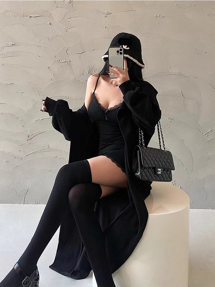 Y2K Retro Lace Patchwork Spaghetti Strap Black Bodycon Dress Mini Fashion Aesthetic Bow Club Party Sexy Dresses for Women black