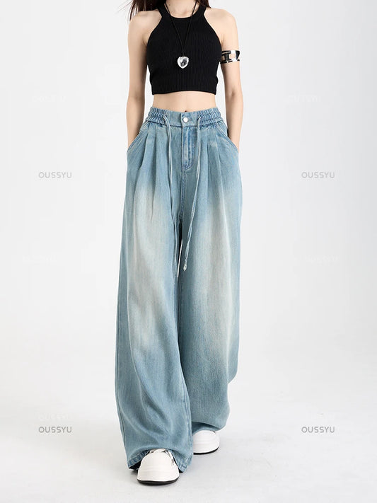 Summer Luxury Soft Cozy 100%Lyocell Fabric Woman Jeans Loose Wide Leg Elastic Waist Pants Fashion Casual Trousers Plus Length