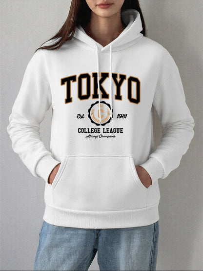 Tokyo College League Prints Hoodie Women Winter Fleece Warm Pullover Basics Pocket Sweatshirt Casual Comfortable Womans Clothes