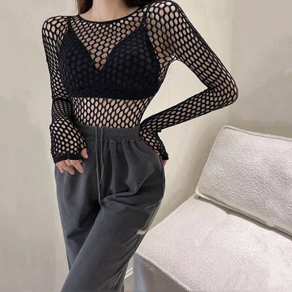 Gothic Sexy Black Fishnet Mesh See Through T-Shirt Women Skinny Goth Hollow Out Long Sleeve Shirts Crop Top Tee Shirt Streetwear Low Collar Free Size