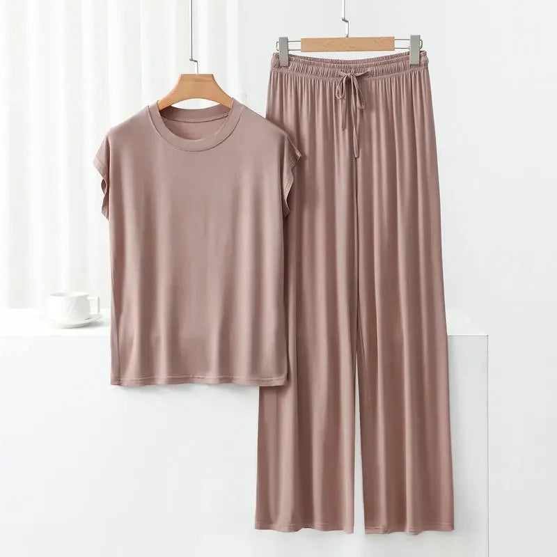 Modal Homewear set O-neck Tshirts short sleeves and Wide leg pants Loose sleepwear Casual streetwear suit all match Khaki