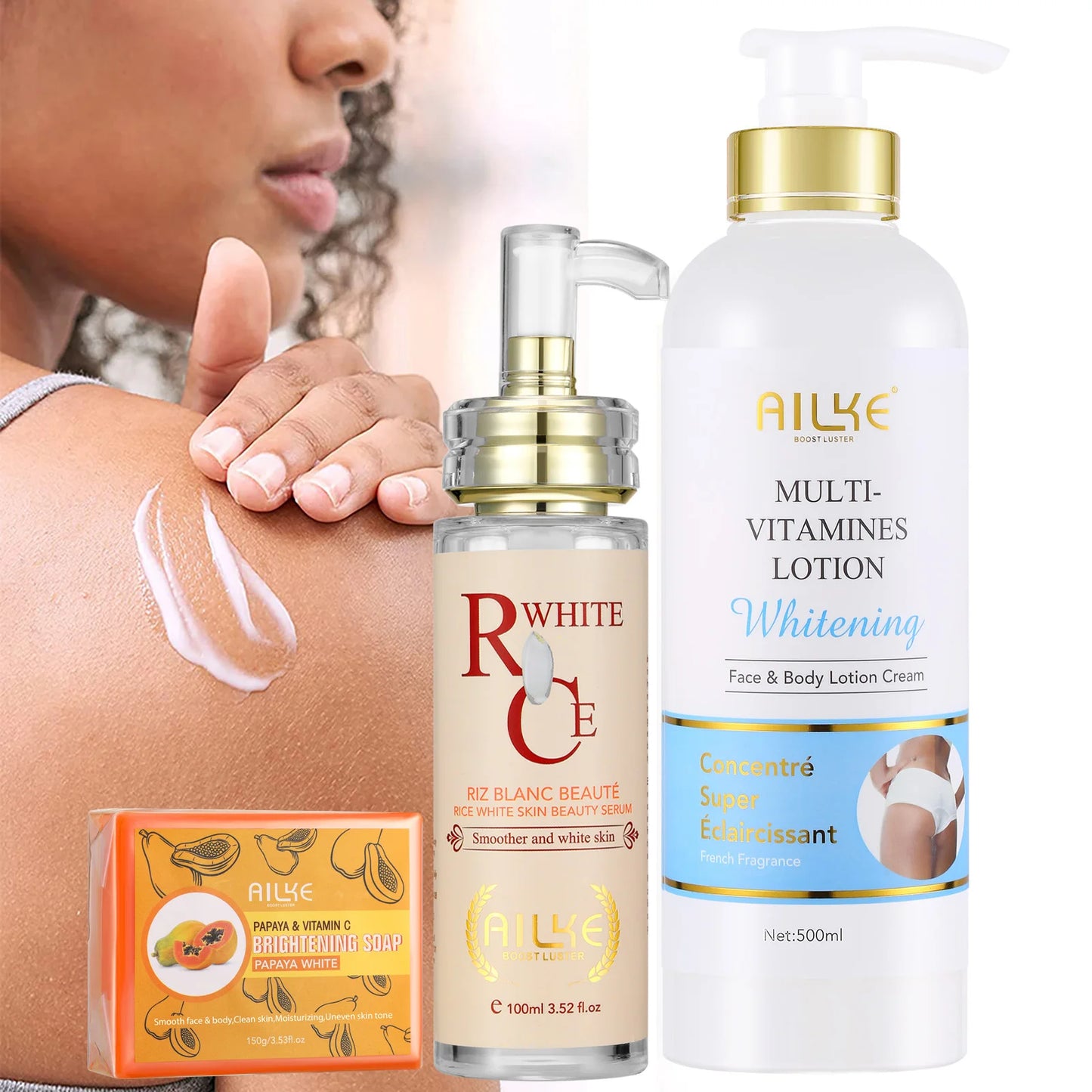 AILKE Natural Multi-Vitamin Lightening Skin Care Kit, Moisturize, Even Toning, Remove Dark and White Spots, Clean & Smooth Skin 3 in 1 set
