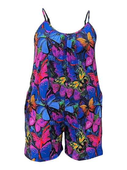 Plus Size Butterfly Print Slip Romper, Casual Sleeveless Pockets Romper, Women's Plus Size Clothing