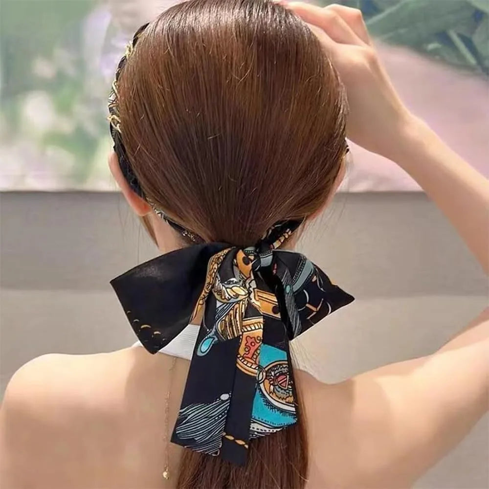 Retro Silk Scarf Headband Floral Print Pearl Braided Hairband Adjustable Bow Non Slip Ribbon Hairband for Women Girls Kid