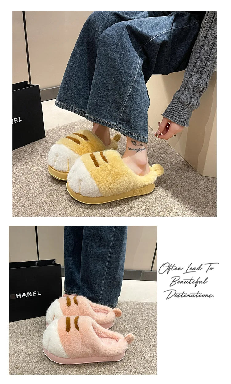 New Adorable Kitty Claw Slippers Women's Home Shoes Non Slip Furry Mules Female Fashion Warm Fluffy Slides Outdoor Cat Slippers Badiee Stylez