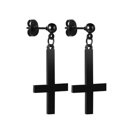 BONISKISS Men Women Stainless Steel Inverted Upside Down Cross Earring Church of Satan Temple Occult Satanic Witchy Stud Jewelry Cross Studs Black