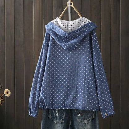 Women Spring Autumn Coat Hooded Drawstring Hem Long Sleeve Printing Loose Zipper Closure Jacket with Pockets Daily Wear Commutin