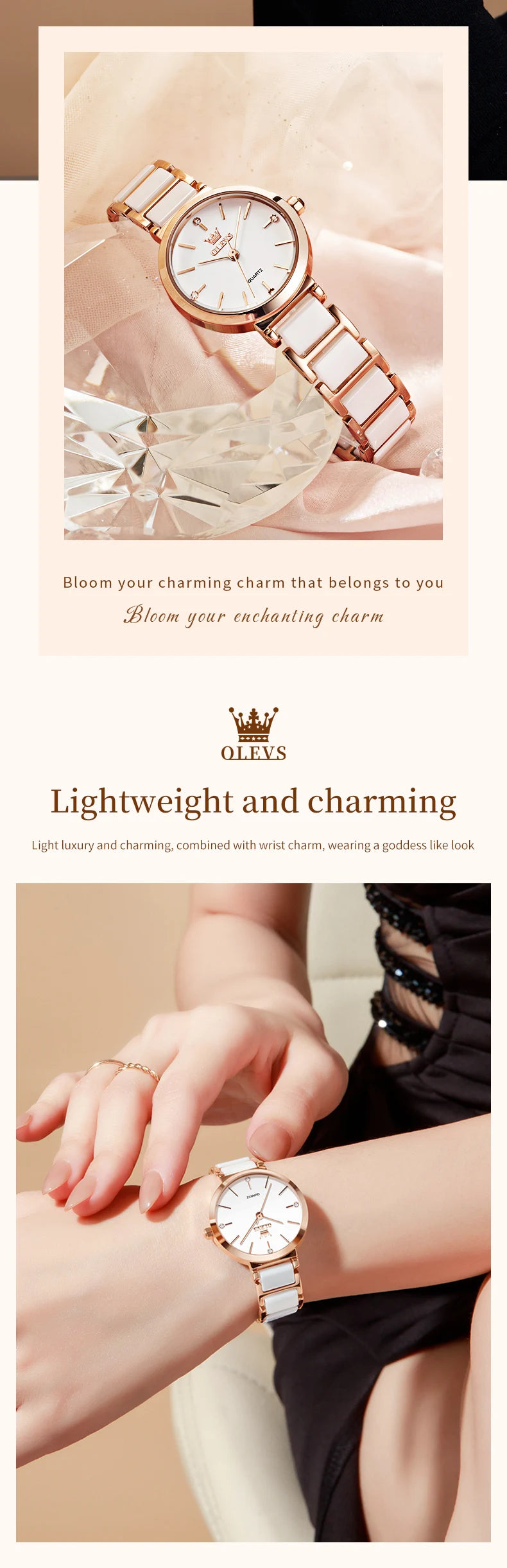 OLEVS 5877 Japan Quartz Movement Woman Watch Simple Elegant Luxury Rose Gold Ceramics Strap Waterproof Ladies Dress Wristwatch