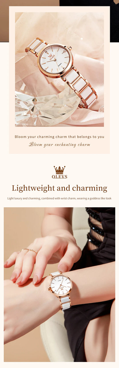 OLEVS 5877 Japan Quartz Movement Woman Watch Simple Elegant Luxury Rose Gold Ceramics Strap Waterproof Ladies Dress Wristwatch