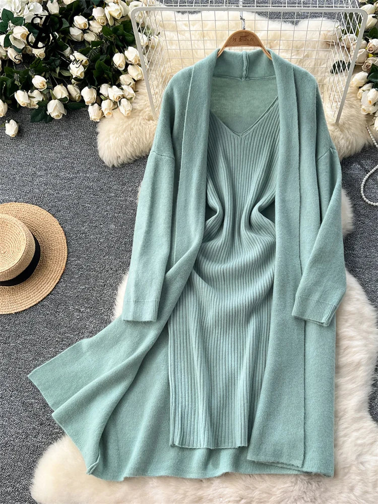 SINGREINY Autumn Knitted Two Pieces Sets Ladies Loose Knitting Cardigan+Spaghetti Strap Bodycon Dress Basic Solid Winter Suits Badiee Stylez